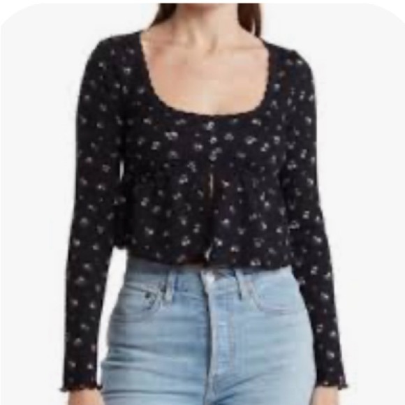 Kirious Los Angeles Long Sleeve Babydoll Floral Crop Top Waffle‎ Knit NWT Small - Picture 2 of 10